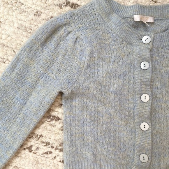 WAYF NWOT Jude Pointelle Puff Shoulder Cropped Heather Blue Gold Cardigan, Sz S - Picture 8 of 10